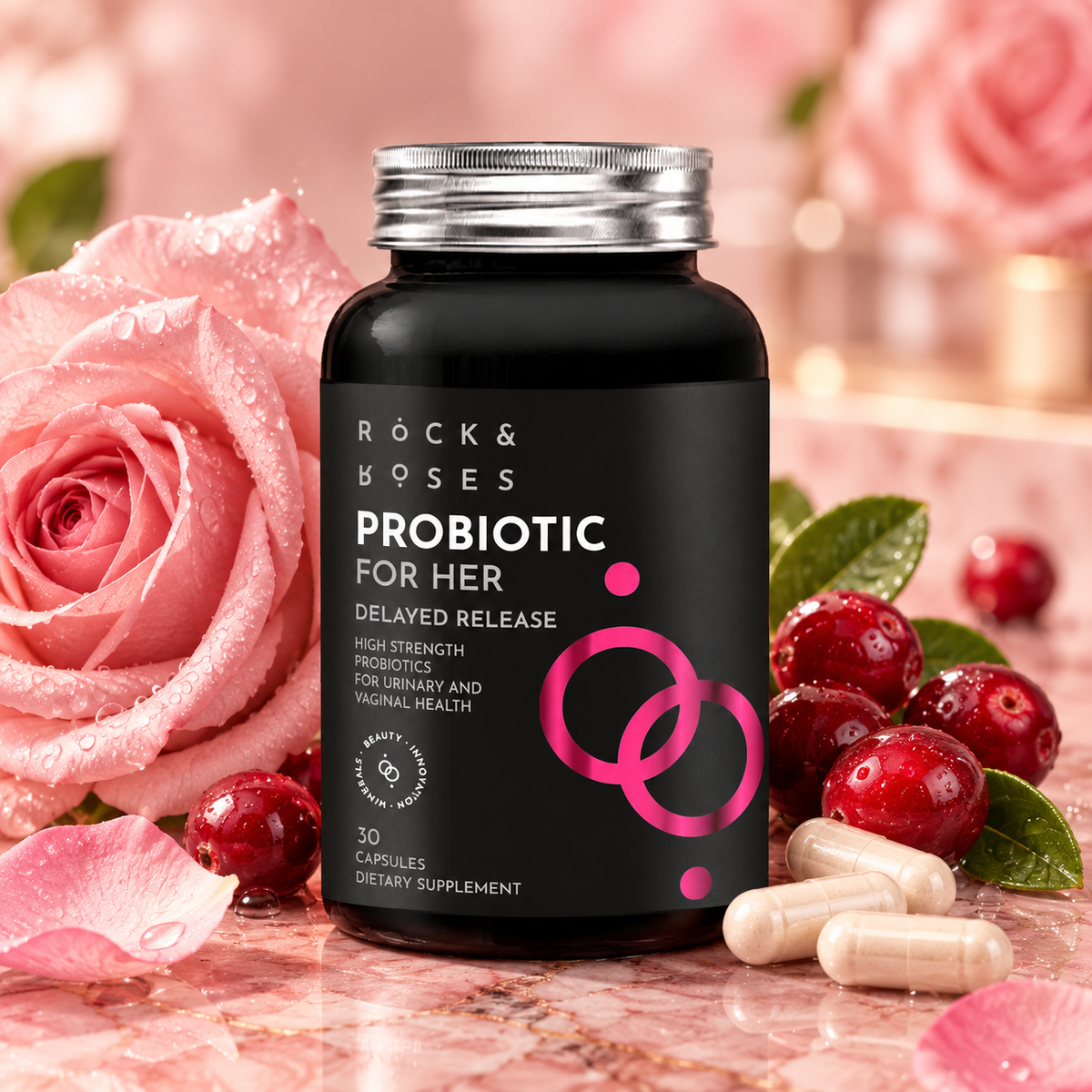 Probiotics for Her bottle with rose, cranberries and capsules