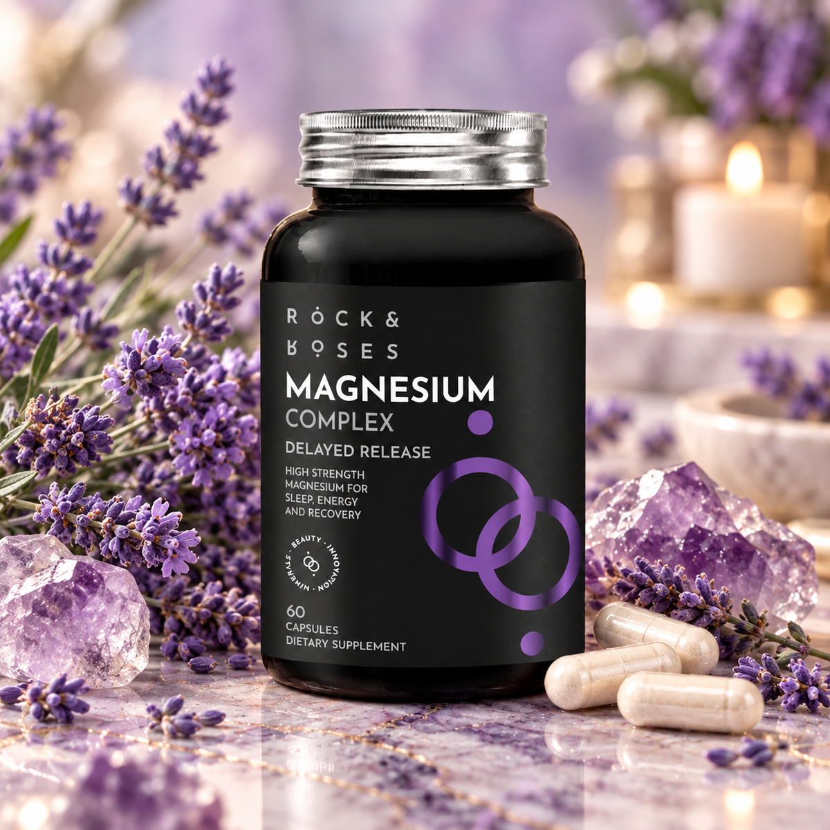 Rock and Roses Magnesium Complex bottle with lilac flowers and capsules