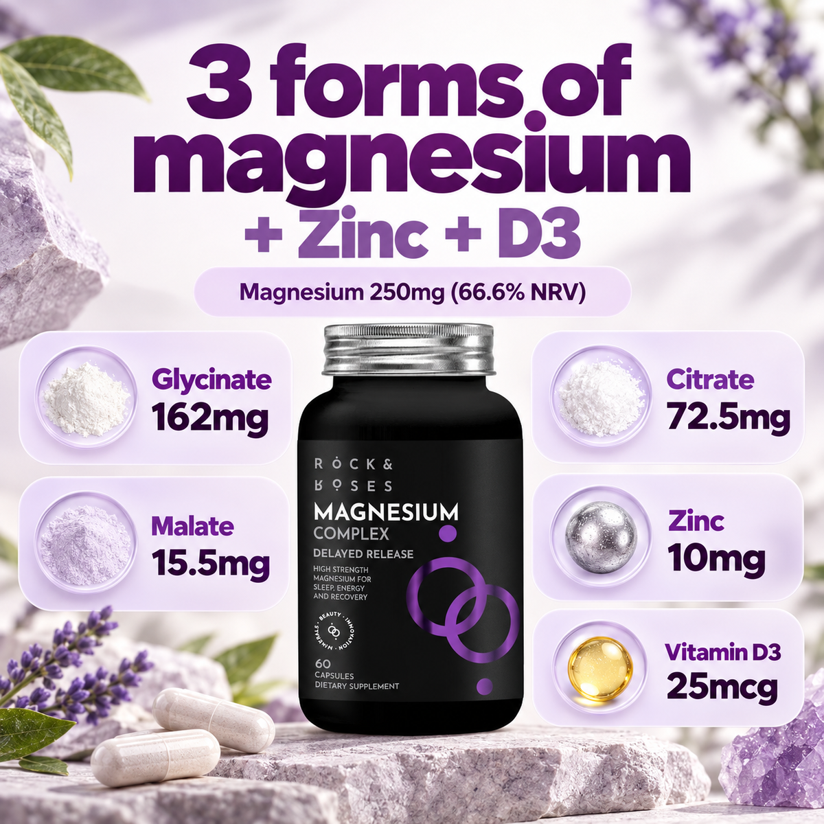 Magnesium glycinate, citrate and malate with zinc and vitamin D3