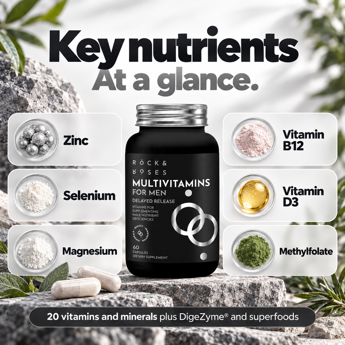Key nutrients: zinc, selenium, magnesium, vitamin B12, vitamin D3, methylfolate