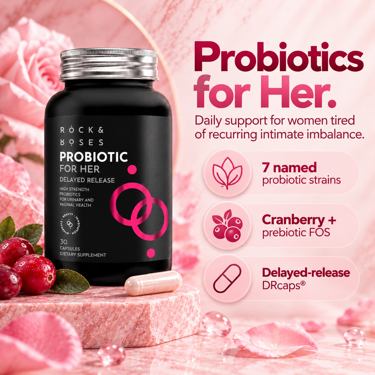 Probiotics for Her: 7 named strains, cranberry and prebiotic FOS, delayed-release DRcaps
