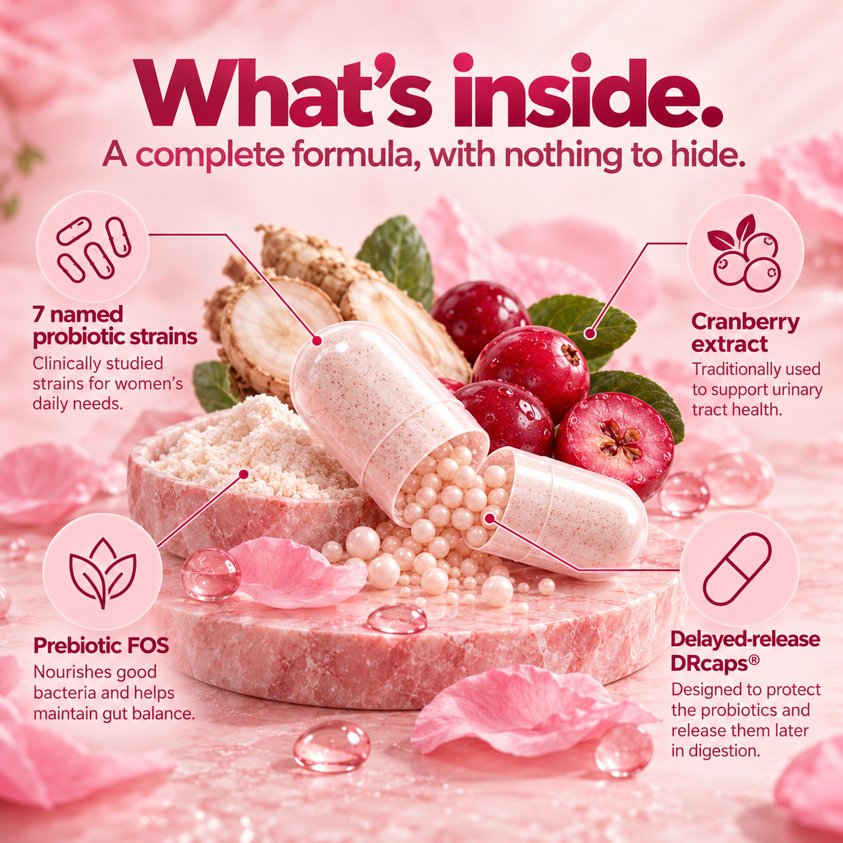 What's inside: strains, cranberry extract, prebiotic FOS and DRcaps
