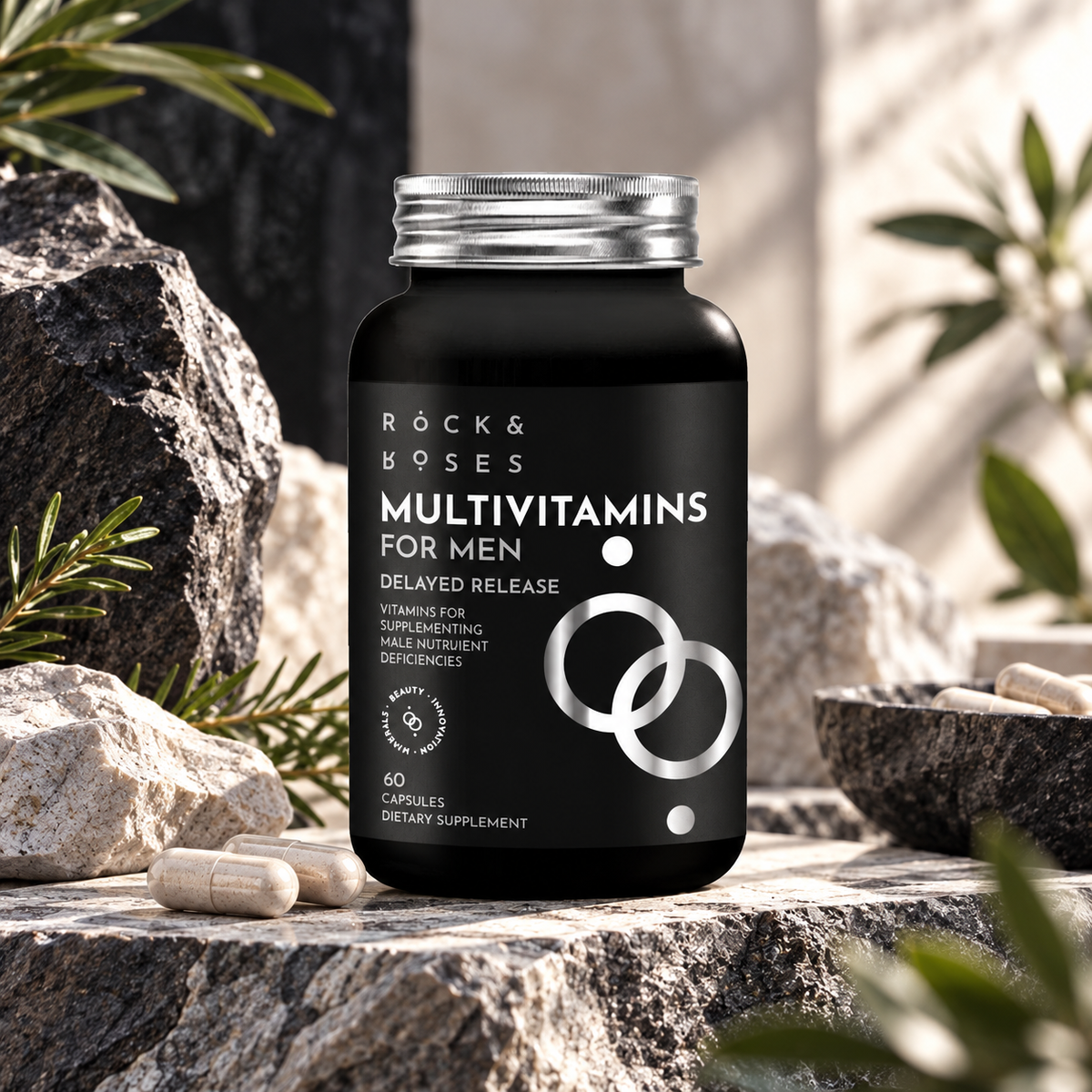 Rock and Roses Multivitamin for Men bottle on stone with capsules
