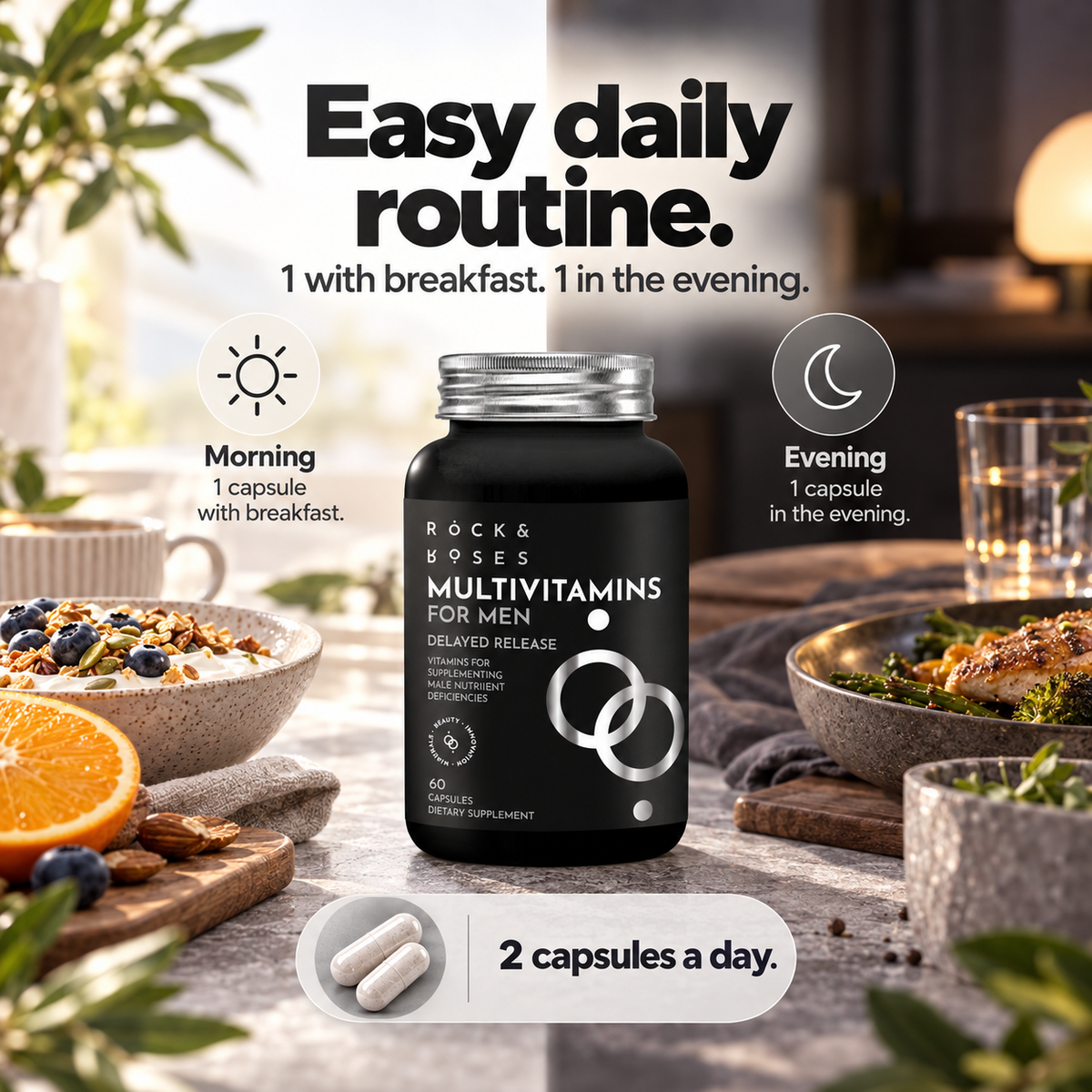 Two capsules a day: one with breakfast, one in the evening
