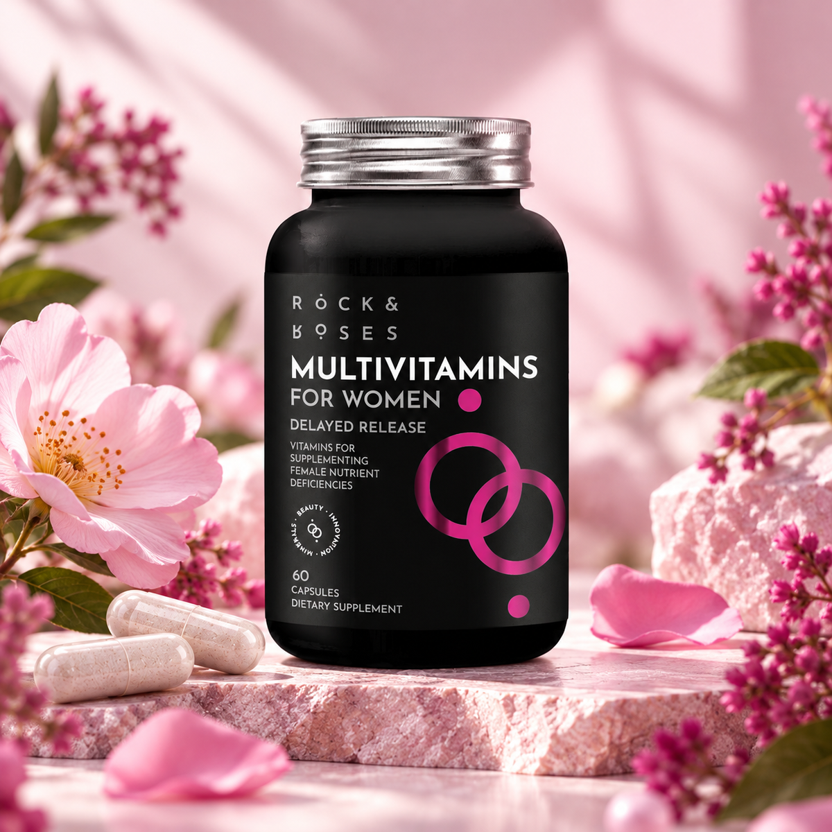Rock and Roses Multivitamin for Women bottle with pink flowers and capsules