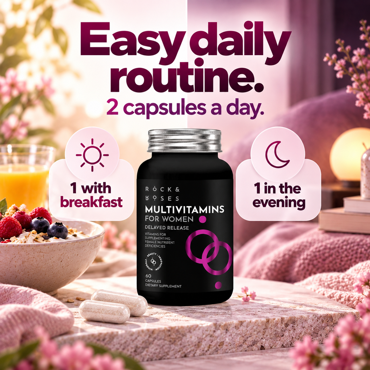 Two capsules a day: one with breakfast, one in the evening